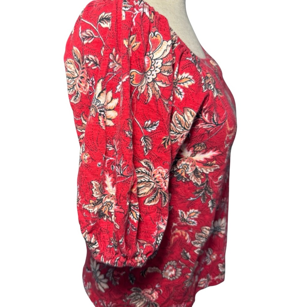 Bohemian Puff Sleeves Red Floral Cotton Blouse Sz XS - Picture 3 of 7
